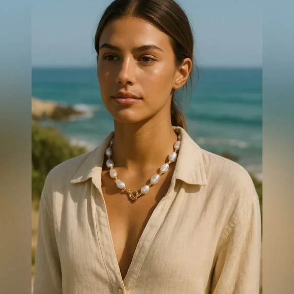 Anthropologie Pearl Necklace – Baroque Gold Toggle Chain – coastal beach - Picture 1 of 11